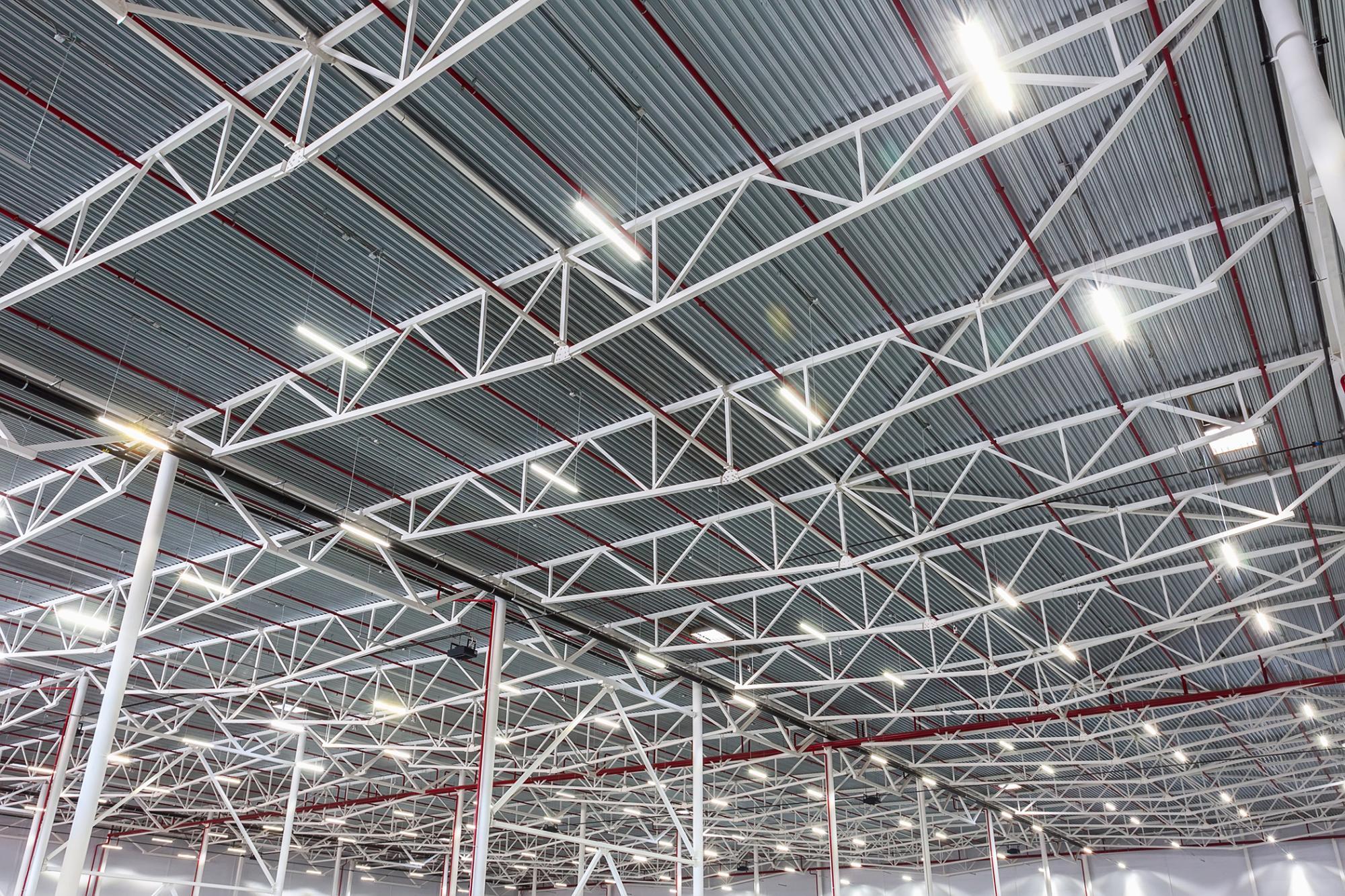 Interior ceiling of a warehouse with high efficient lighting